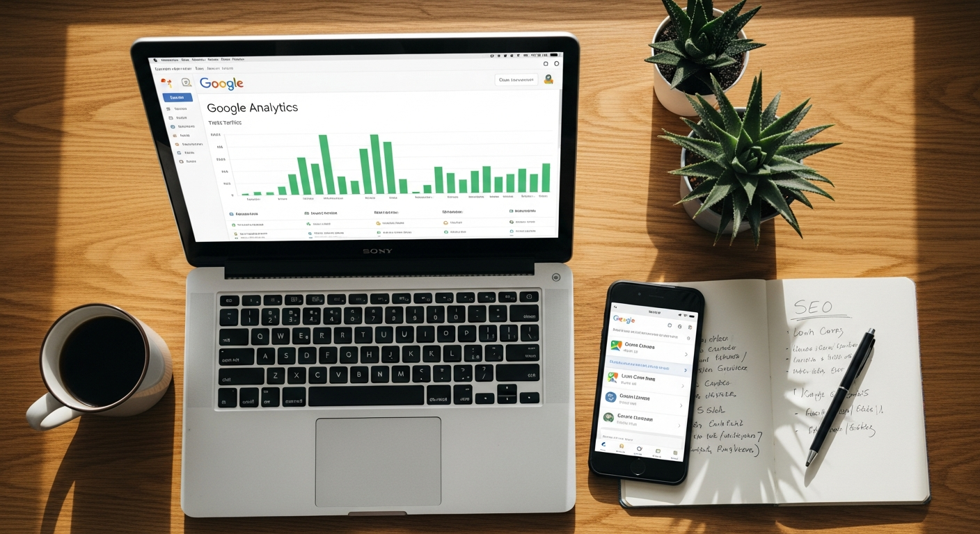 A laptop displays SEO analytics and growth charts alongside a phone showing local search results, representing the digital marketing tools landscaping companies use to attract customers online.