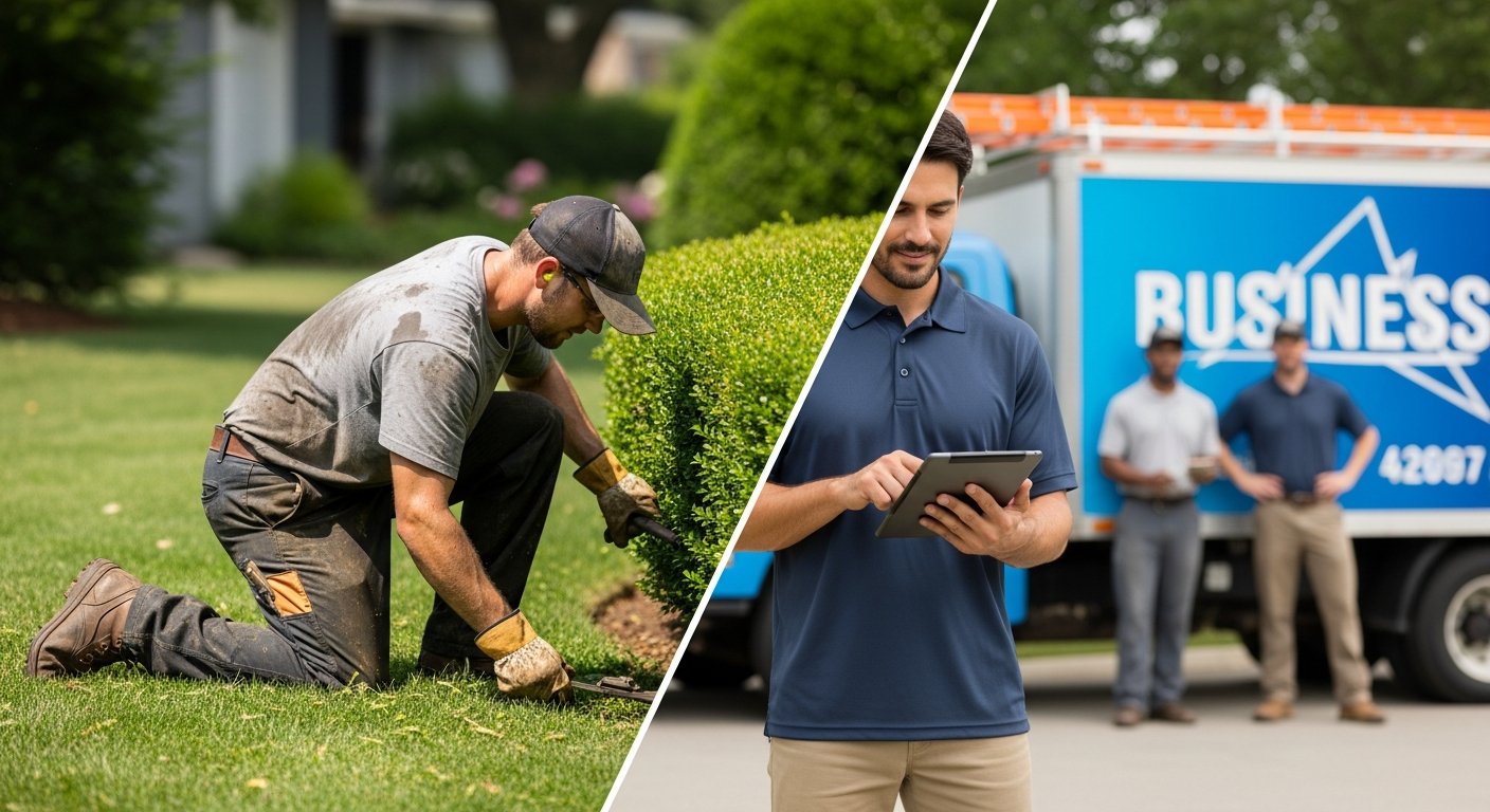 Split image showing a landscaper transitioning from hands-on field work on the left to business ownership on the right, reviewing numbers on a tablet with a crew and branded truck behind them.